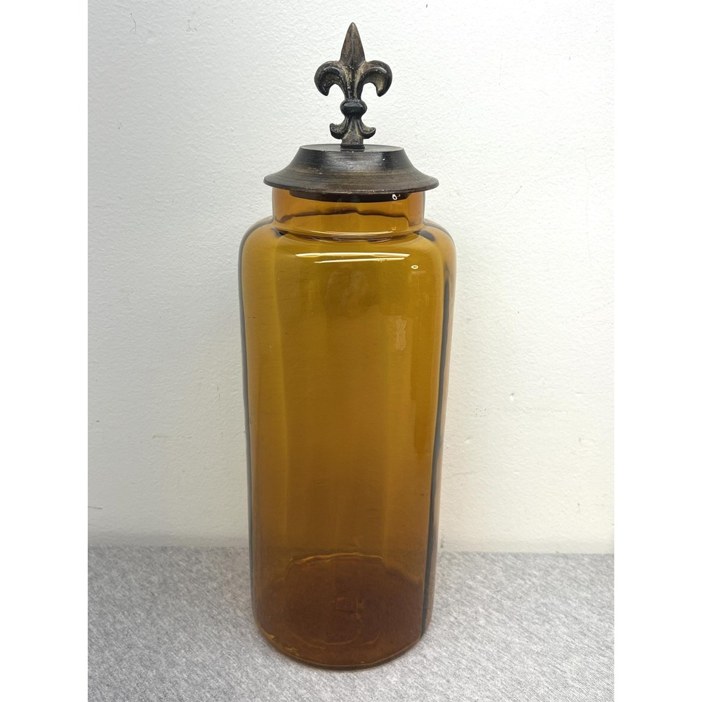 Amber Brown Glass Bottles Set 3 Fleur De Lis Lids Apothecary Canisters Unmarked - Picture 3 of 12